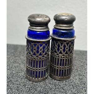 Vintage Sterling Silver Salt Pepper Shakers Cobalt Glass Blue Antique